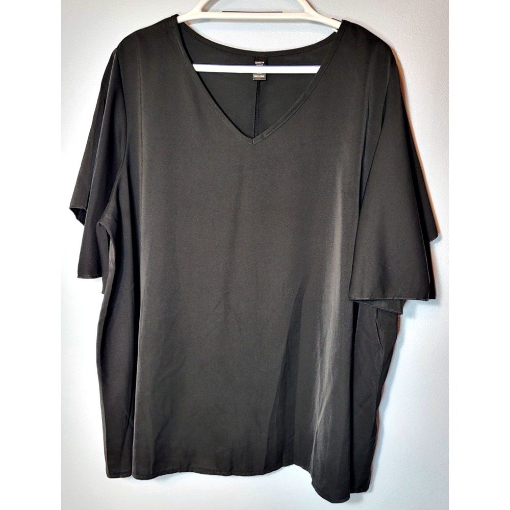 Shein Curve V-neck Black & Green Tops‎ Flutter Sleeve Flare Hem Size 4XL Career - Picture 4 of 9